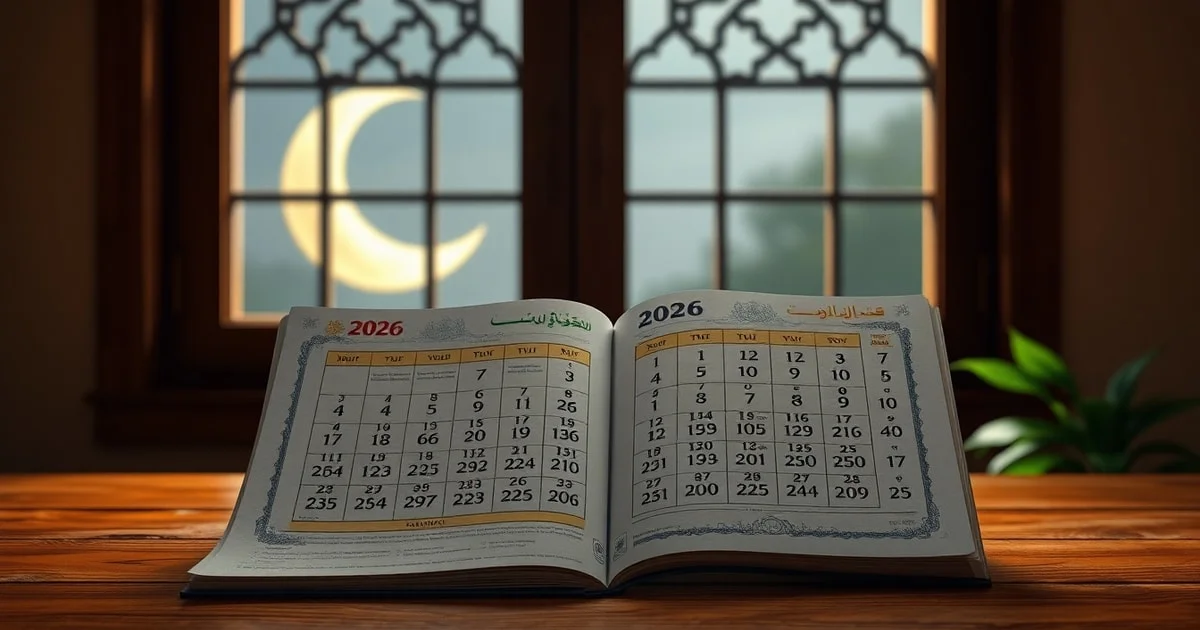 Calendrier musulman 2026 avec les dates du Ramadan et des fêtes islamiques, illustration lunaire