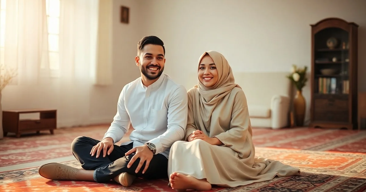 Couple musulman souriant et complice, assis côte à côte dans un intérieur doux, symbolisant l'amour et l'intimité conjugale bénie en islam.