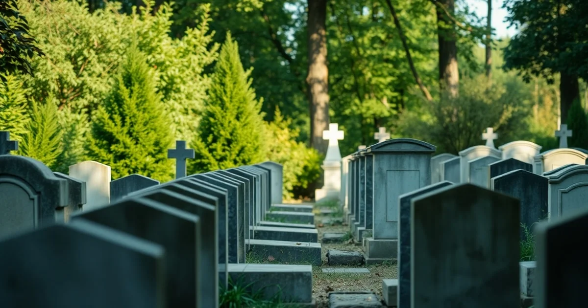 Tombe musulmane sobre avec une pierre tombale simple orientée vers La Mecque, dans un carré musulman de cimetière français, entourée de verdure.