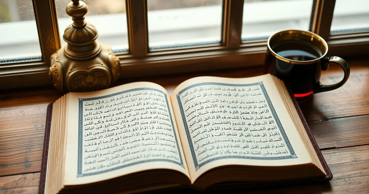 Un livre ouvert de hadiths avec une chaîne de transmission (isnad) écrite en calligraphie arabe, à côté d'un chapelet et d'une tasse de thé, symbolisant l'étude et la préservation des traditions prophétiques.