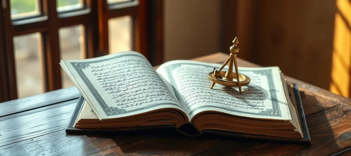 Un savant musulman de l'âge d'or étudiant l'astronomie avec un astrolabe, entouré de manuscrits et de motifs géométriques islamiques, symbolisant l'harmonie entre islam et science.