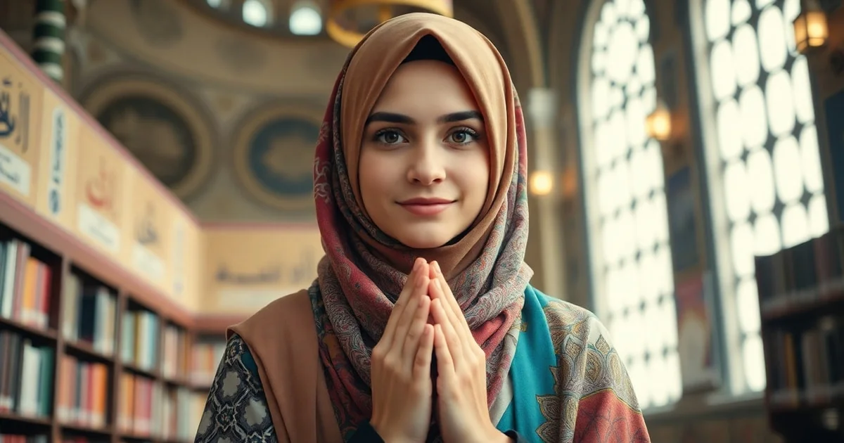 Femme musulmane portant un hijab coloré, mains jointes en prière, avec un fond de mosquée et des calligraphies arabes, illustrant la spiritualité et la diversité du voile en islam.