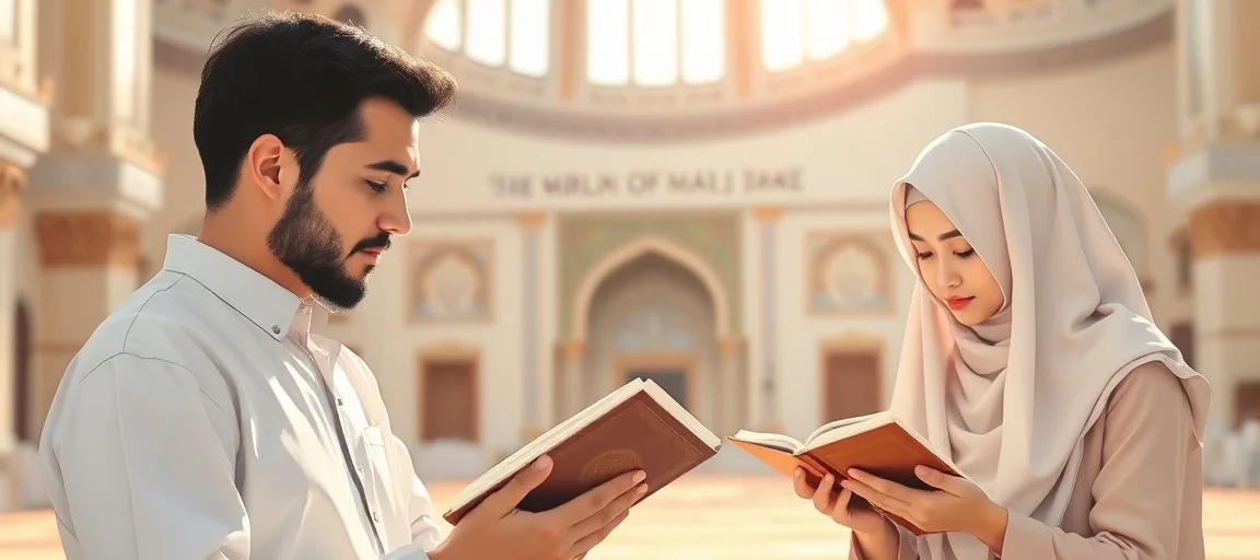 Un homme et une femme musulmans lisant le Coran dans une mosquée, symboles de foi et de spiritualité
