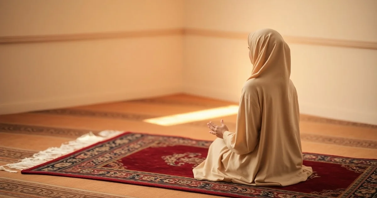 Un tapis de prière islamique avec un chapelet (misbaha) posé sur une surface propre, orienté vers la qibla, avec une lumière douce symbolisant la spiritualité et la sérénité de la salat.