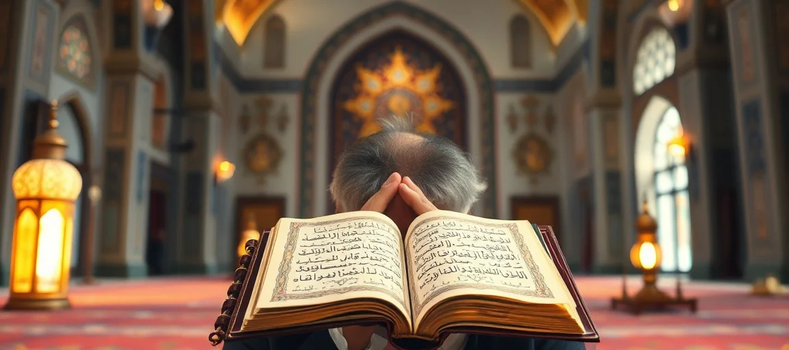Un homme en prière dans une mosquée illuminée, avec des motifs islamiques et une lueur douce symbolisant un rêve spirituel