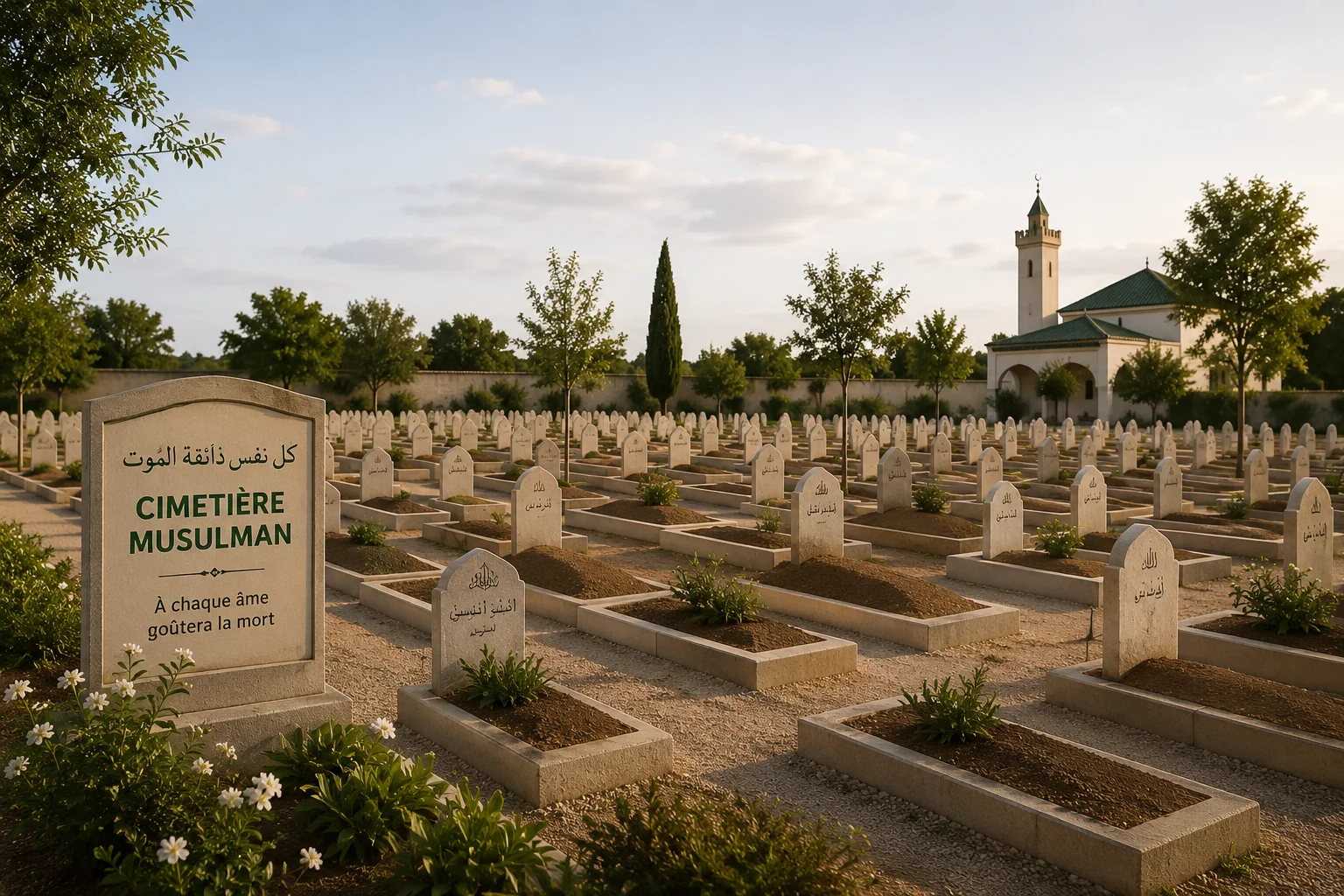 Tombe musulmane sobre avec une pierre tombale simple orientée vers La Mecque, dans un carré musulman de cimetière français, entourée de verdure.