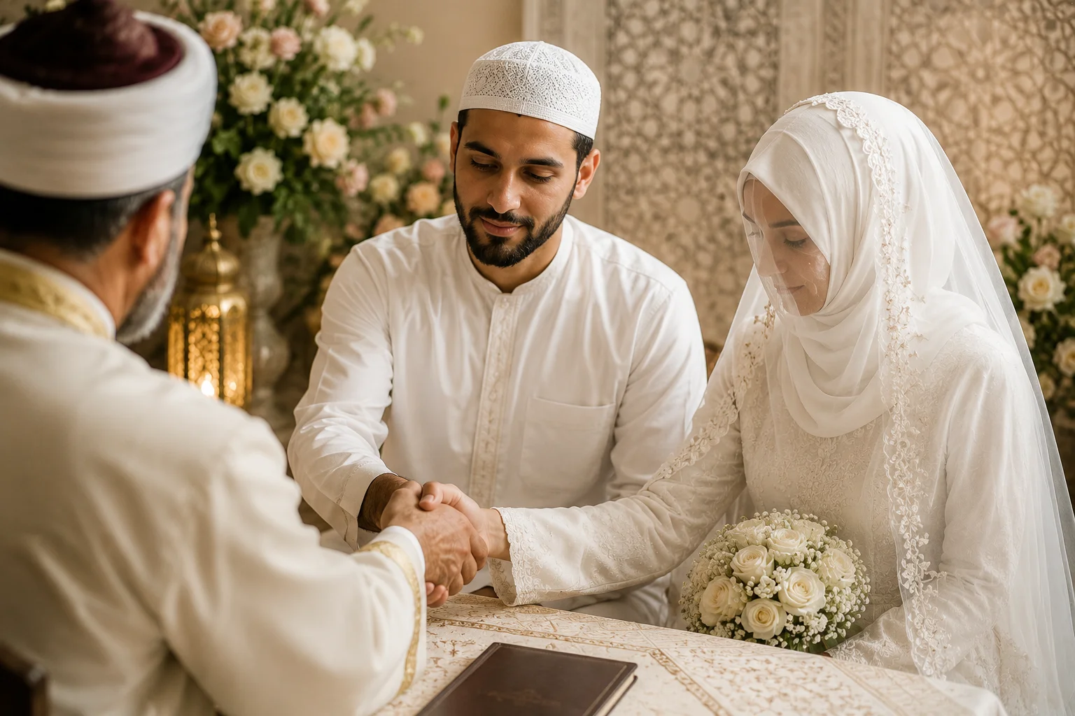 Cérémonie de nikah avec imam, marié et témoins