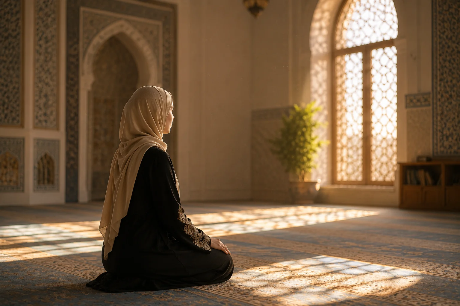 Nouveau converti à l'islam lisant le Coran dans une mosquée paisible