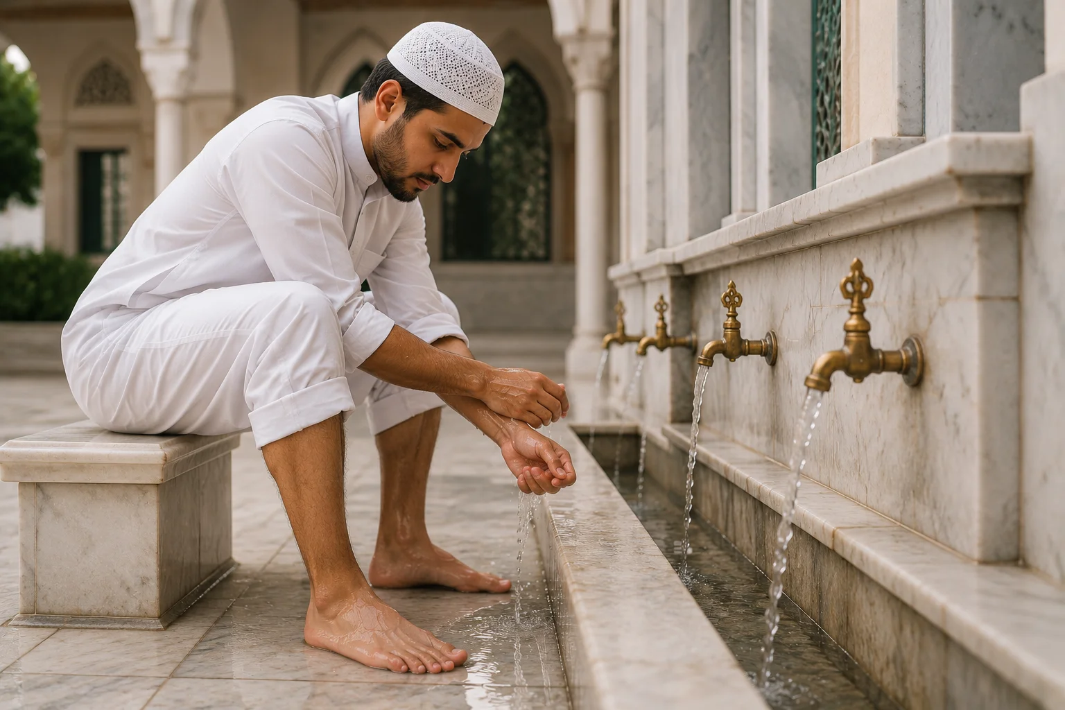 Étapes des ablutions woudou en islam avec lavage des mains, visage et pieds