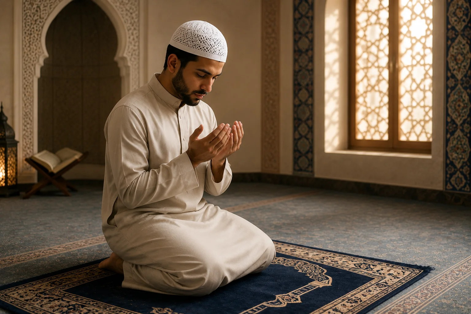 Mains levées pour le takbir d'ouverture de la prière islamique avec texte arabe "Allahu Akbar"