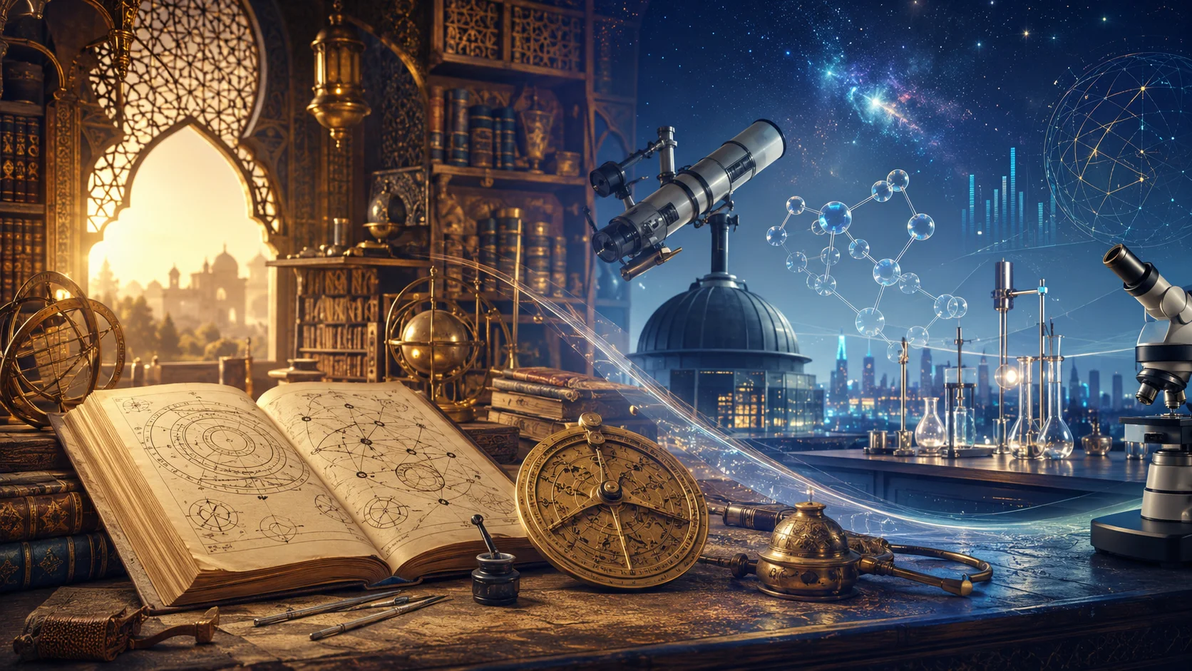Un savant musulman de l'âge d'or étudiant l'astronomie avec un astrolabe, entouré de manuscrits et de motifs géométriques islamiques, symbolisant l'harmonie entre islam et science.